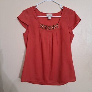 Ann Taylor LOFT Orange Red wood beads square neck women's blouse Top Small